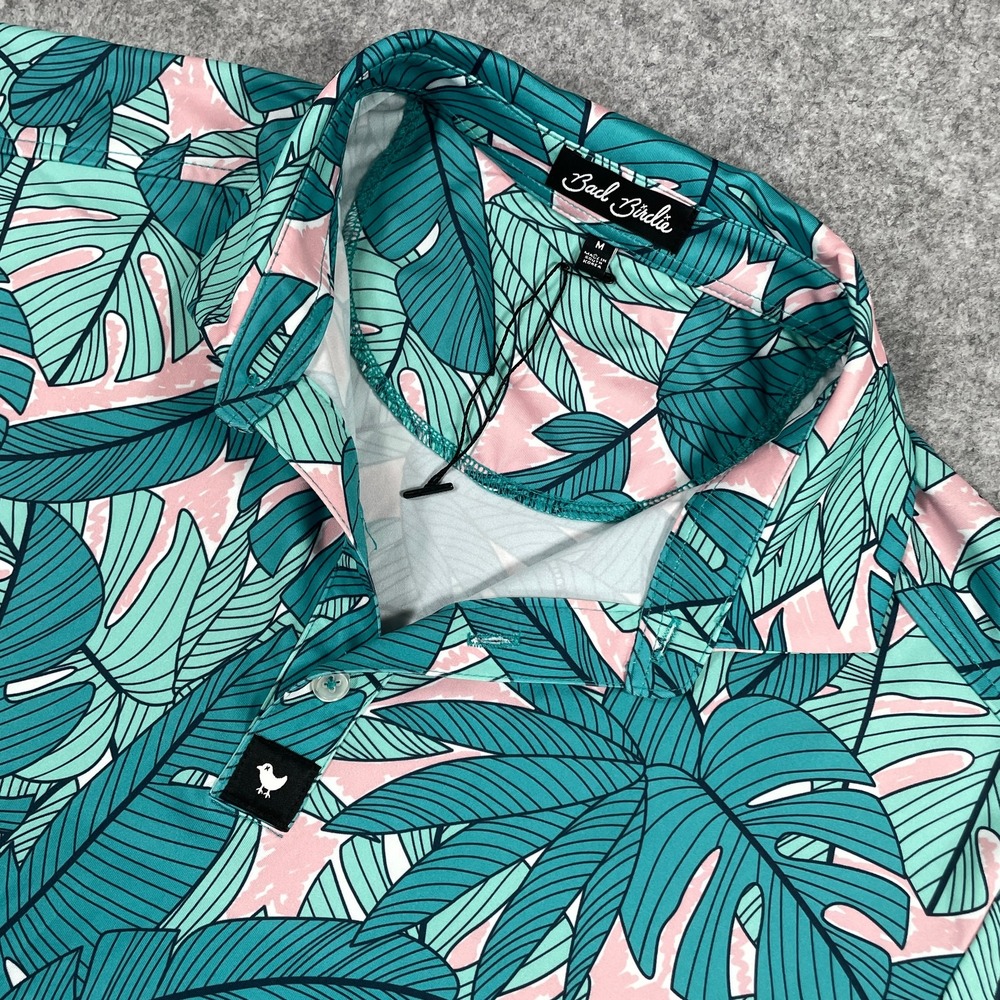 Bad Birdie Mens Golf Polo Size M Teal Pink Tropical Palm Leaf Stretch NWOT